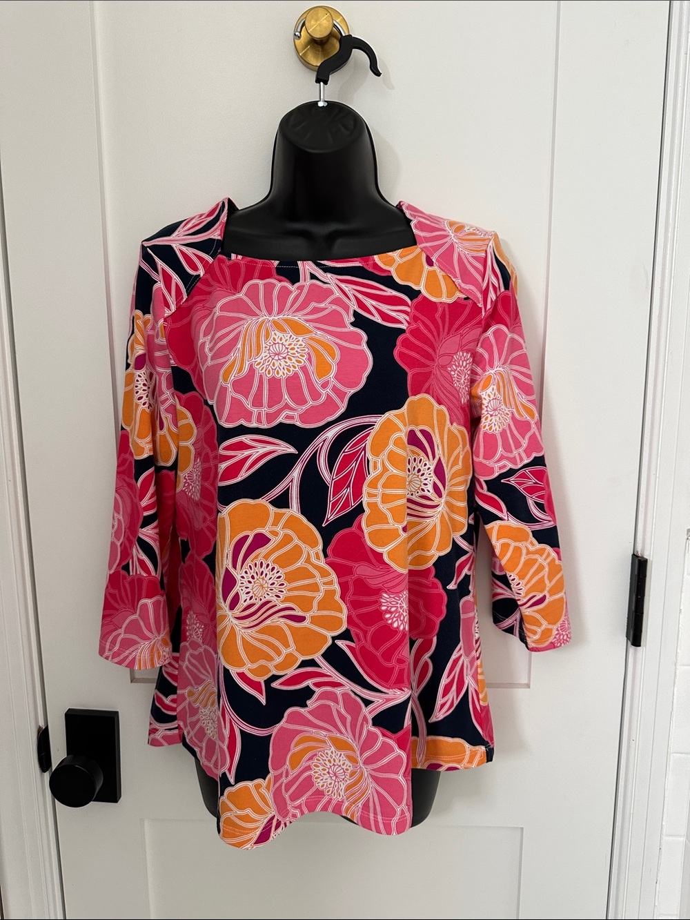Ruby Rd. Navy Floral Boatneck Tunic with Pink & Orange Blooms
